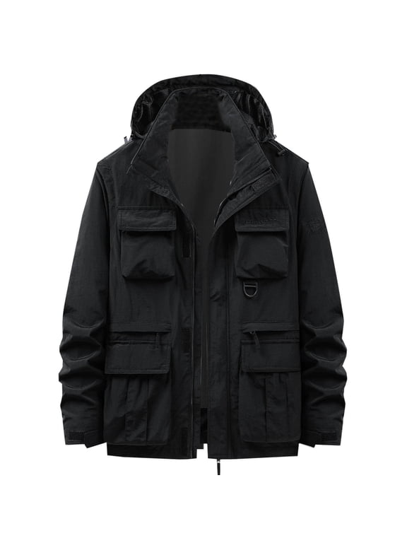 Mens Winter Warm Cargo Hooded Outwear Coat with Multi-Pockets Casual Long Sleeve Full Zip up Thicken Parka Jacket Windbreaker Black XXL