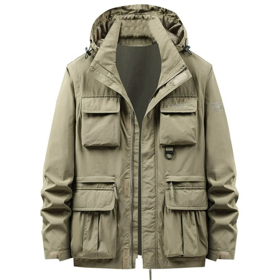 ZCFZJW Mens Winter Warm Cargo Hooded Outwear Coat with Multi-Pockets Casual Long Sleeve Full Zip up Thicken Parka Jacket Windbreaker Khaki XXXL