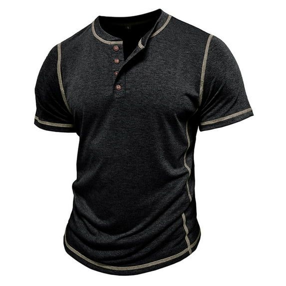 ZCFZJW Mens Workout Fitness T-Shirts Trendy Short Sleeve Button up V Neck Henley Shirts Loose Regular Fit Casual Solid Color Basic Pullover Tops Black S