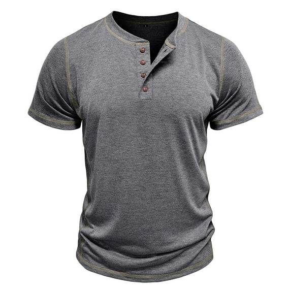 ZCFZJW Mens Workout Fitness T-Shirts Trendy Short Sleeve Button up V Neck Henley Shirts Loose Regular Fit Casual Solid Color Basic Pullover Tops Gray S
