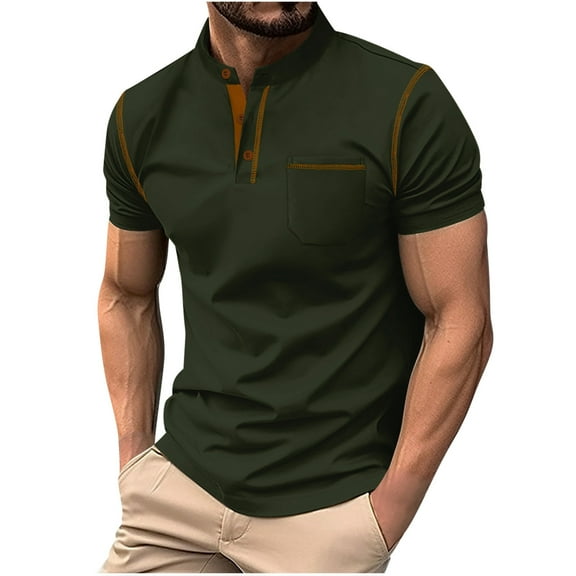ZCFZJW Mens Workout Polo Shirts Casual Solid Color Summer Short Sleeve Button Down Golf Shirts Loose Lightweight Comfy Moisture-Wicking Pullover Tops with Pocket Army Green M