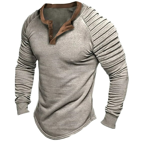 ZCFZJW Mens Workout Sweatshirts Casual Solid Color Ruched Long Sleeve Button V Neck Henley Shirts Trendy Basic Pullover Tops Gray M