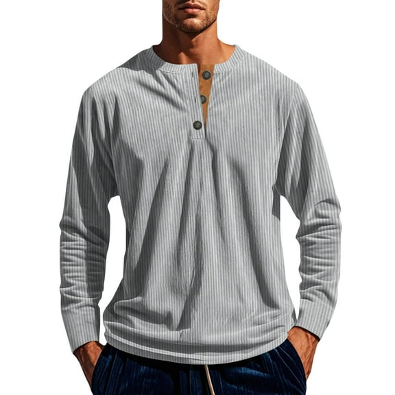 ZCFZJW Mens Workout Sweatshirts Lightweight Casual Solid Color Long Sleeve Button V Neck Pullover Tops Loose Regular Fit Cotton T-Shirts Gray M