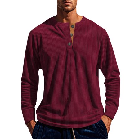 ZCFZJW Mens Workout Sweatshirts Lightweight Casual Solid Color Long Sleeve Button V Neck Pullover Tops Loose Regular Fit Cotton T-Shirts Wine M