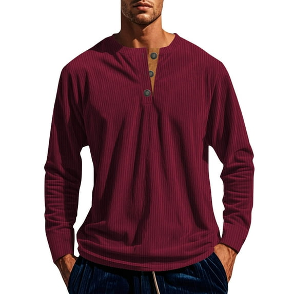 ZCFZJW Mens Workout Sweatshirts Lightweight Casual Solid Color Long Sleeve Button V Neck Pullover Tops Loose Regular Fit Cotton T-Shirts Wine M
