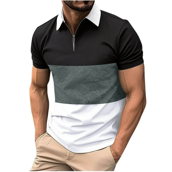 ZCFZJW Mens Workout T-Shirts Casual Striped Color Block Print Short Sleeve 1/4 Zip up Lapel Collar V Neck T Shirts Trendy Holiday Vacation Tees Polo Shirts Black M