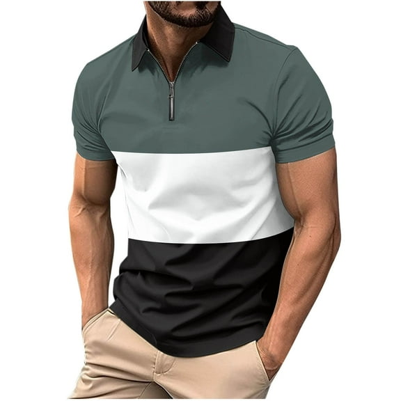 ZCFZJW Mens Workout T-Shirts Casual Striped Color Block Print Short Sleeve 1/4 Zip up Lapel Collar V Neck T Shirts Trendy Holiday Vacation Tees Polo Shirts Gray XXL
