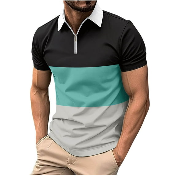 ZCFZJW Mens Workout T-Shirts Casual Striped Color Block Print Short Sleeve 1/4 Zip up Lapel Collar V Neck T Shirts Trendy Holiday Vacation Tees Polo Shirts Blue XXXL