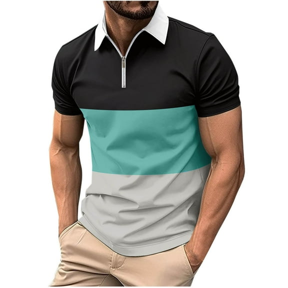 ZCFZJW Mens Workout T-Shirts Casual Striped Color Block Print Short Sleeve 1/4 Zip up Lapel Collar V Neck T Shirts Trendy Holiday Vacation Tees Polo Shirts Blue XXXL