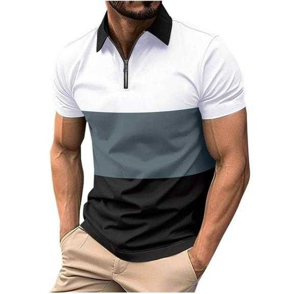 ZCFZJW Mens Workout T-Shirts Casual Striped Color Block Print Short Sleeve 1/4 Zip up Lapel Collar V Neck T Shirts Trendy Holiday Vacation Tees Polo Shirts White M