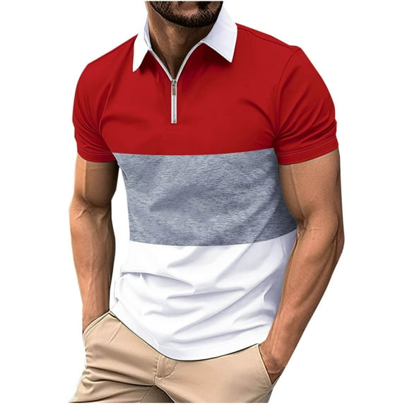 ZCFZJW Mens Workout T-Shirts Casual Striped Color Block Print Short Sleeve 1/4 Zip up Lapel Collar V Neck T Shirts Trendy Holiday Vacation Tees Polo Shirts Red S