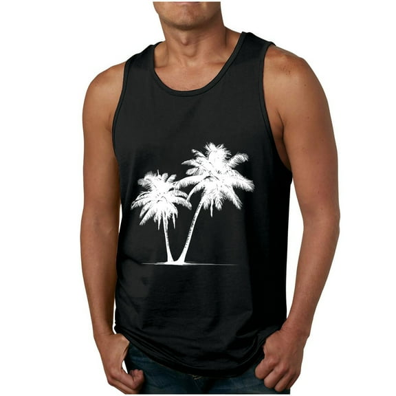 ZCFZJW Mens Workout Tank Top Big and Tall Regular Fit Quick Dry Sleeveless Swim Shirt Gym Muscle Athletic Summer Tropical Print Beach T Shirts Black XL