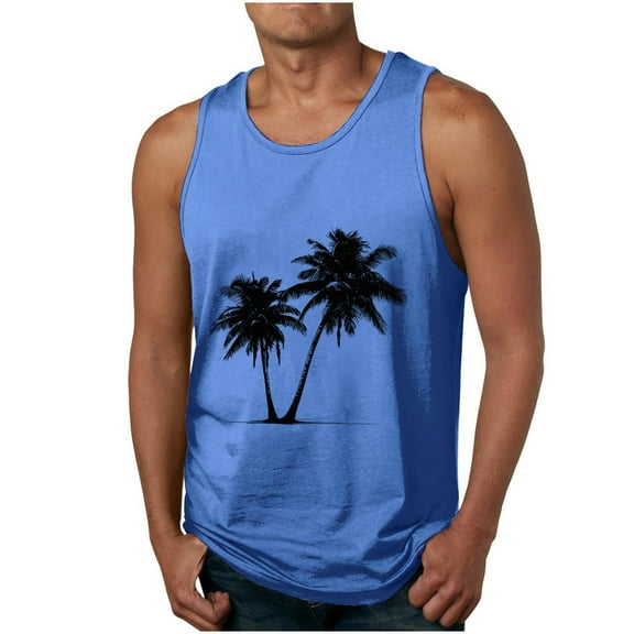 ZCFZJW Mens Workout Tank Top Big and Tall Regular Fit Quick Dry Sleeveless Swim Shirt Gym Muscle Athletic Summer Tropical Print Beach T Shirts Blue XL