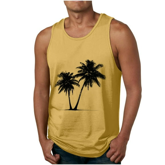 ZCFZJW Mens Workout Tank Top Big and Tall Regular Fit Quick Dry Sleeveless Swim Shirt Gym Muscle Athletic Summer Tropical Print Beach T Shirts Yellow M