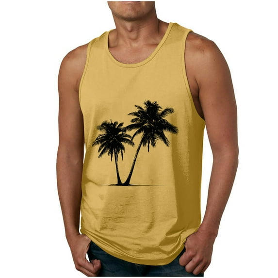 ZCFZJW Mens Workout Tank Top Big and Tall Regular Fit Quick Dry Sleeveless Swim Shirt Gym Muscle Athletic Summer Tropical Print Beach T Shirts Yellow XXXXL