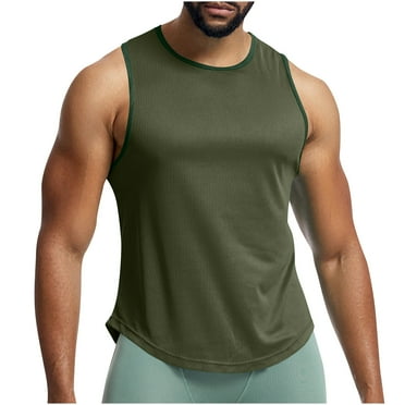 ZCFZJW Mens Workout Tank Tops Quick Dry Sleeveless Running Gym Muscle Shirts Summer Crewneck Mesh Athletic Tees Tops Army Green L