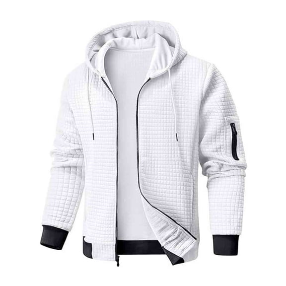 ZCFZJW Mens Zip Up Cargo Hoodie Jackets Lightweight Casual Waffle Knitted Full-Zip Drawstring Pullover Sweatshirt Loose Regular Fit Hooded Outwear Jackets with Pockets White L