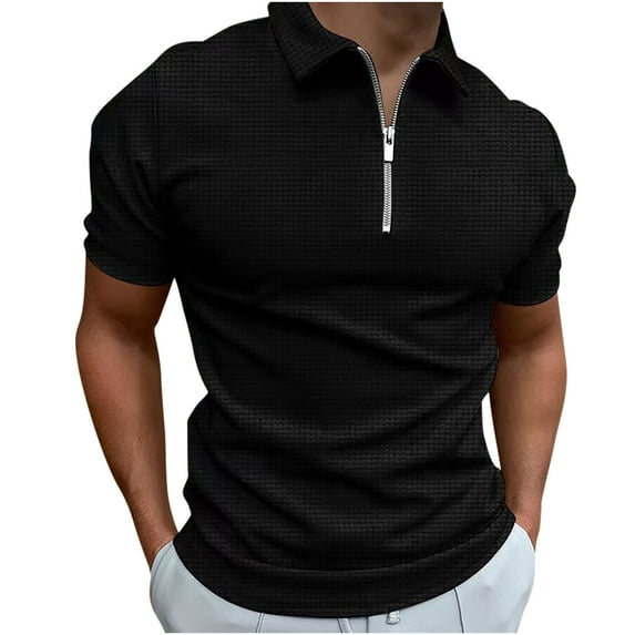 ZCFZJW Mens Zip up Polo Shirts Casual Summer Short Sleeve Waffle Knit Pullover Tops Loose Lightweight Trendy Solid Color Basic Workout T-Shirts Black XXL