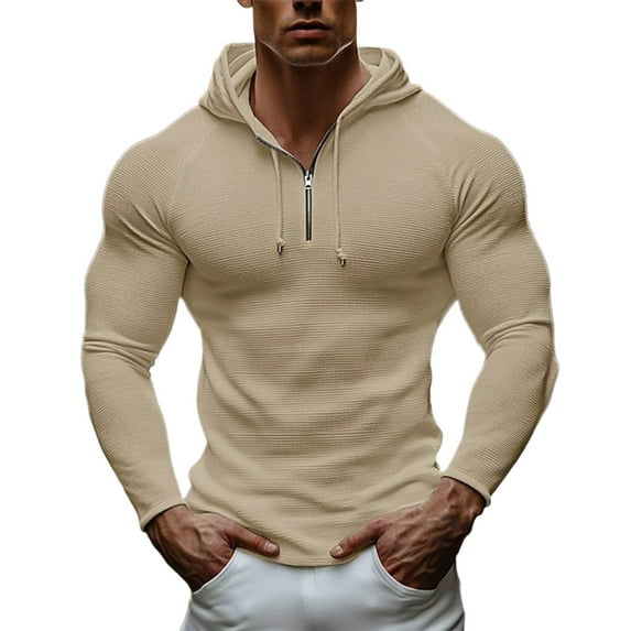 ZCFZJW Muscle Fit Hoodies for Men Lightweight Casual 1/4 Zip up Fall Long Sleeve Drawstring Hooded Pullover Sweatshirts Trendy Basic Athletic Workout Tees Tops Khaki M