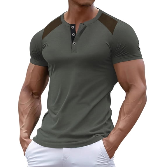 ZCFZJW Muscle T-Shirts for Men Casual Summer Short Sleeve Button V Neck Henley Workout Tees Tops Lightweight Slim Fit Basic Athletic Shirts Army Green M