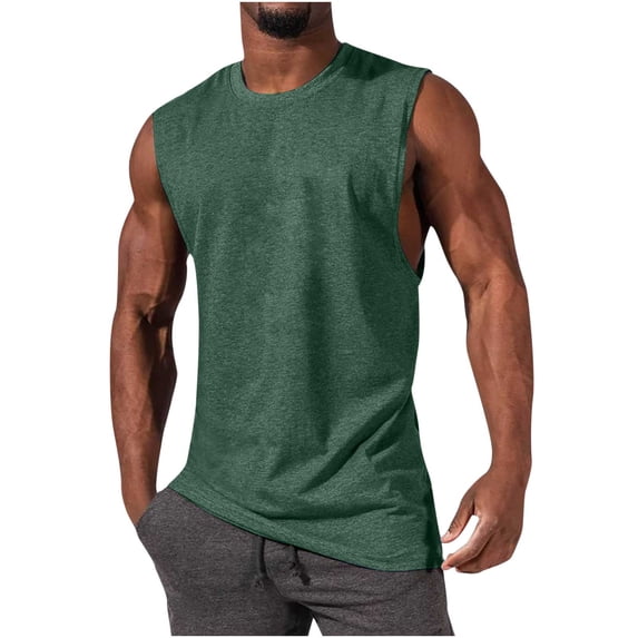 ZCFZJW Muscle Tank Tops for Men Casual Solid Color Summer Quick Dry Sleeveless Round Neck Basic Workout Tees Shirt Trendy Fitness Tshirt Army Green M