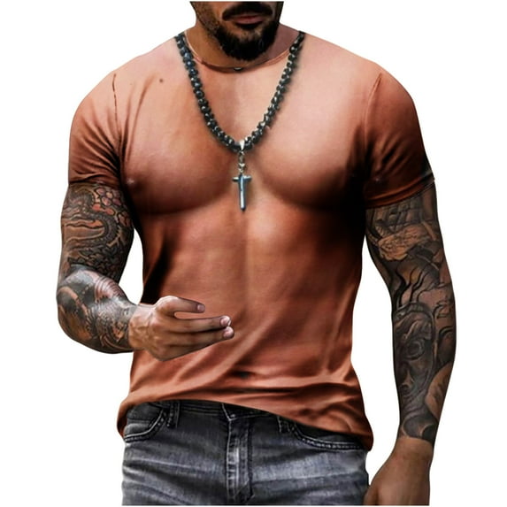 ZCFZJW Muscle Tee Shirts for Men,Fake Abs T Shirt Big and Tall Regular Fit Funny Short Sleeve 3D Graphic Tees Casual Slim Fit Summer Tops Khaki#01 M
