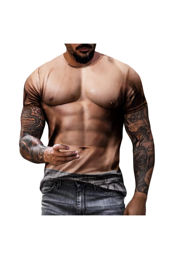 Muscle Tee Shirts for Men,Fake Abs T Shirt Big and Tall Regular Fit Funny Short Sleeve 3D Graphic Tees Casual Slim Fit Summer Tops Khaki#07 M