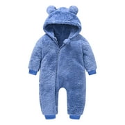 ZCFZJW Newborn Baby Girl Fall Winter Thicken Clothes Long Sleeve Fleece Romper Jumpsuit Cute Bear Ears Hooded Zipper Hoodies One Piece Warm Suit Blue 0-6 Month