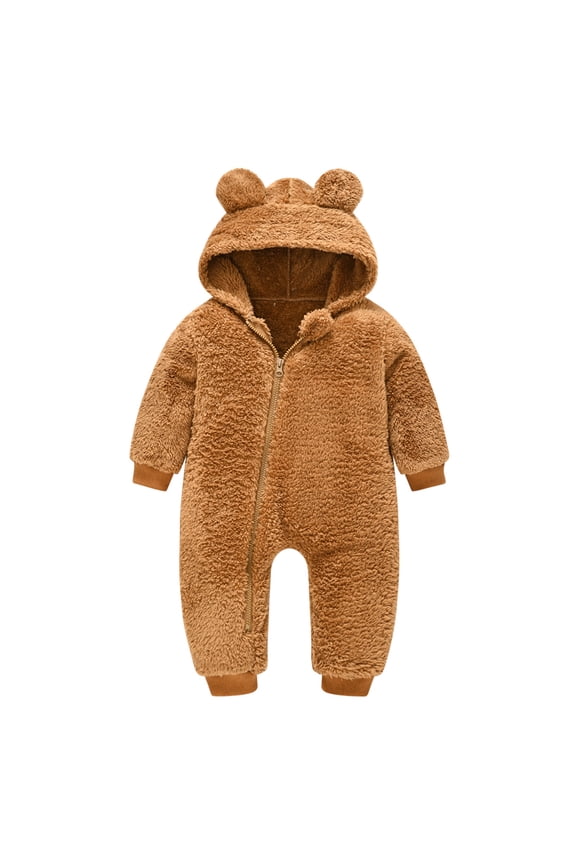 Newborn Baby Girl Fall Winter Thicken Clothes Long Sleeve Fleece Romper Jumpsuit Cute Bear Ears Hooded Zipper Hoodies One Piece Warm Suit Khaki 12-18 Month