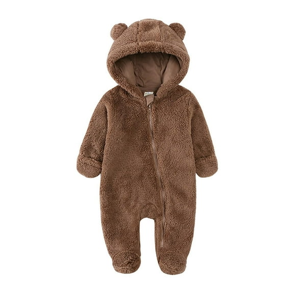 ZCFZJW Newborn Bear Fleece Footie Warmer Snowsuit Cute Cotton Thermal Long Sleeve Hooded Romper Onesies Jumpsuit for Toddler Baby Girls Boys Brown 6-9 Months