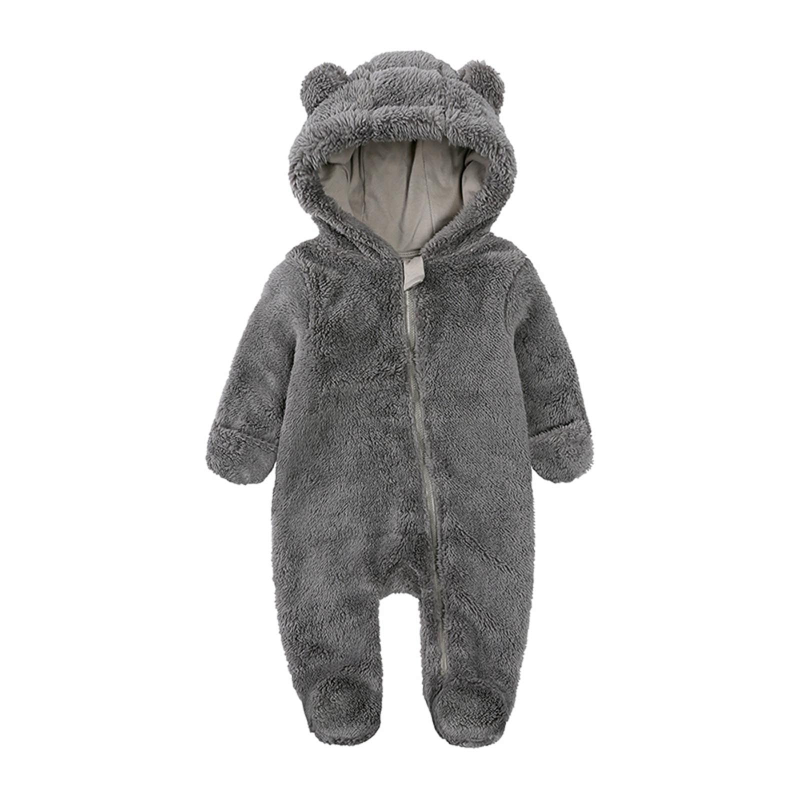 ZCFZJW Newborn Bear Fleece Footie Warmer Snowsuit Cute Cotton Thermal Long Sleeve Hooded Romper Onesies Jumpsuit for Toddler Baby Girls Boys Dark Gray 3-6 Months