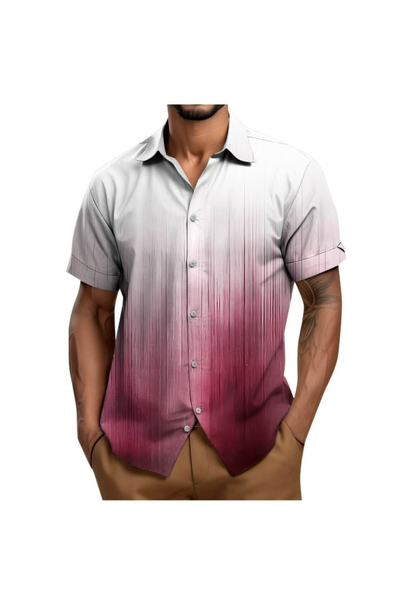 Ombre Shirts for Men Lightweight Casual Summer Short Sleeve Button Down Beach Hawaiian T-Shirts Loose Regular Fit Beach Vacation Tees Tops Red L
