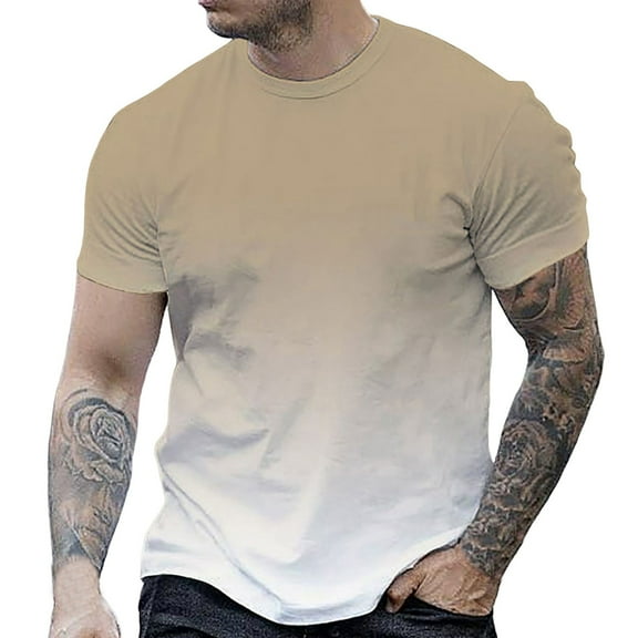 ZCFZJW Ombre Shirts for Men Casual Tie Dye Summer Short Sleeve Crew Neck Basic Workout Tees Shirt Loose Regular Fit Cotton Pullover Tops Khaki L
