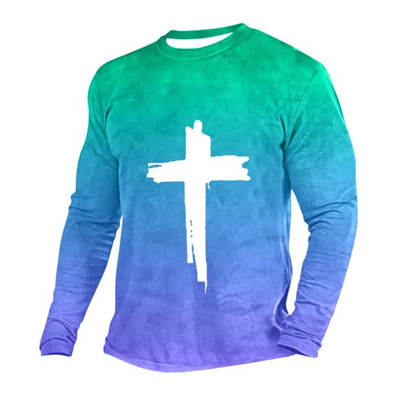 ZCFZJW Ombre Sweatshirts for Men Casual Tie Dye Gradient Cross Print Long Sleeve Crewneck Pullover Tops Trendy Athletic Basic T-Shirts Mint Green#01 M