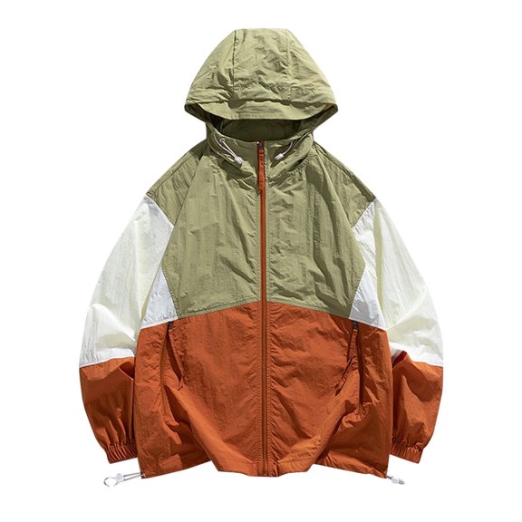 ZCFZJW Outdoor Jackets for Men Lightweight Thin Long Sleeve Casual Full Zip up Color Block Print Hooded Raincoat Trendy Fall Windproof Jacket Red S