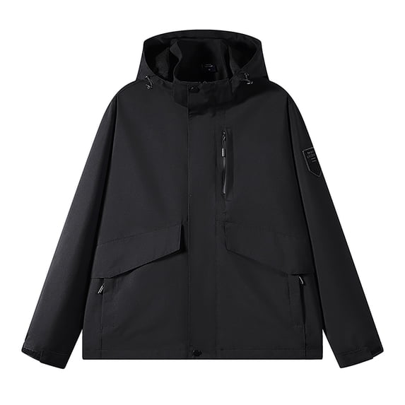 ZCFZJW Outdoor Men's Waterproof Raincoat Windbreaker Lightweight Rain Jacket with Detachable Hood Casual Long Sleeve Hooded Outwear Coat with Big Pockets Black L