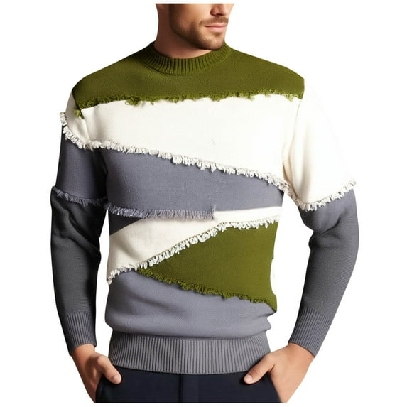 ZCFZJW Patchwork Sweater Mens Regular Fit Casual Fall Winter Thick Warm Colorblock Jumper Unisex Sweater Oversized Ripped Tops Gray XXXL