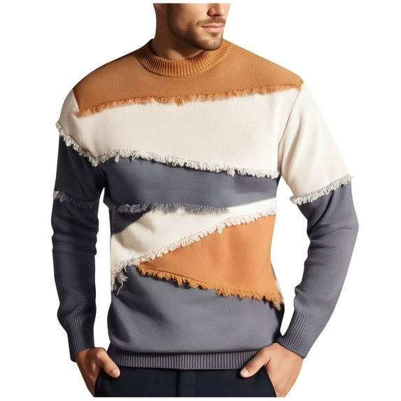 ZCFZJW Patchwork Sweater Mens Regular Fit Casual Fall Winter Thick Warm Colorblock Jumper Unisex Sweater Oversized Ripped Tops Khaki M