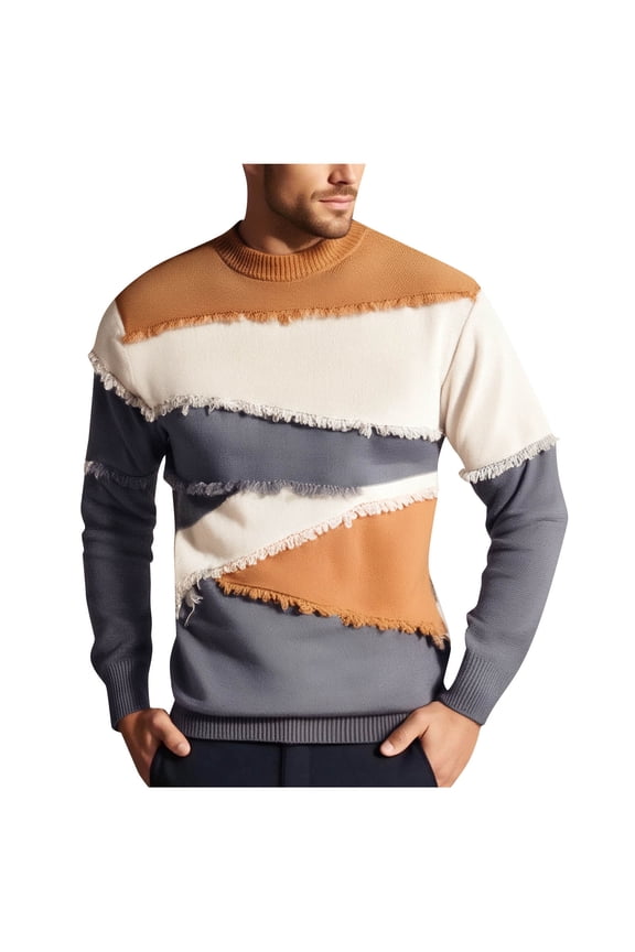 Patchwork Sweater Mens Regular Fit Casual Fall Winter Thick Warm Colorblock Jumper Unisex Sweater Oversized Ripped Tops Khaki M