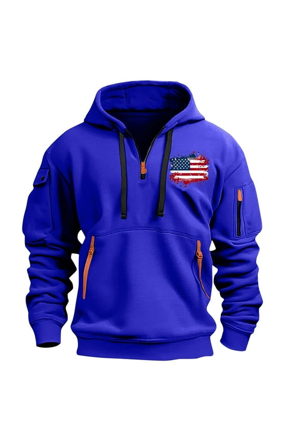 Patriotic Cargo Hoodies for Men Quarter Zip Pullover Tactical Sweatshirt Vintage USA Flag Print Long Sleeve Casual Fashion Hoodie Outwear Tops with Multi-Pockets XXL