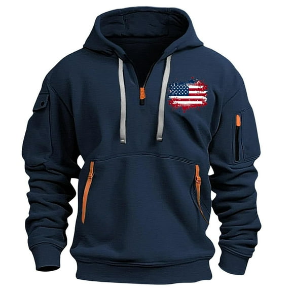 ZCFZJW Patriotic Cargo Hoodies for Men Quarter Zip Pullover Tactical Sweatshirt Vintage USA Flag Print Long Sleeve Casual Fashion Hoodie Outwear Tops with Multi-Pockets XL