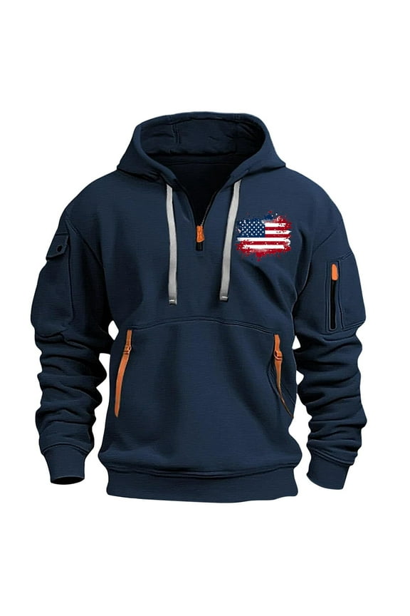 Patriotic Cargo Hoodies for Men Quarter Zip Pullover Tactical Sweatshirt Vintage USA Flag Print Long Sleeve Casual Fashion Hoodie Outwear Tops with Multi-Pockets XL