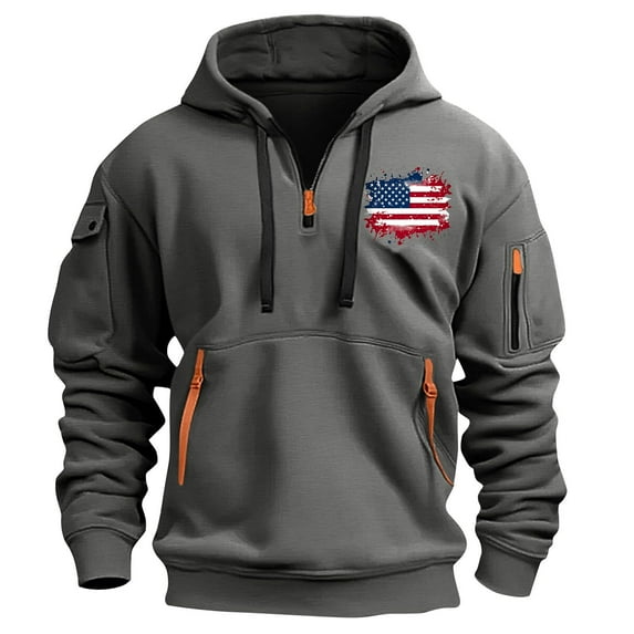 ZCFZJW Patriotic Cargo Hoodies for Men Quarter Zip Pullover Tactical Sweatshirt Vintage USA Flag Print Long Sleeve Casual Fashion Hoodie Outwear Tops with Multi-Pockets L