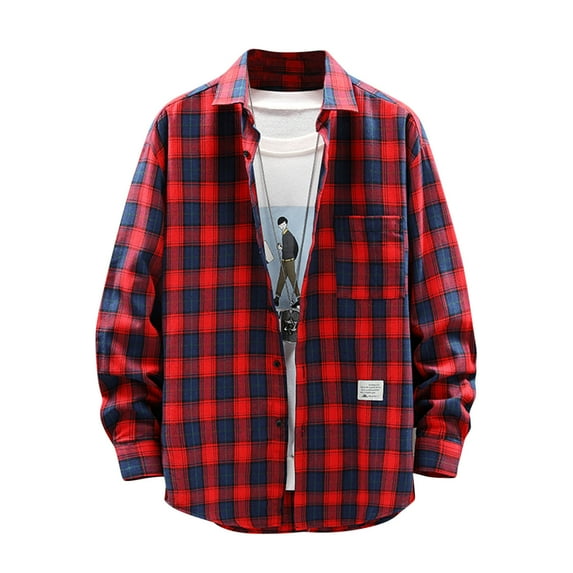 ZCFZJW Plaid Flannel Shirt for Men Long Sleeve Men's Casual Button-Down Shirt Soft Cotton Plaid Jackets Regular Fit with Pockets Red XXL