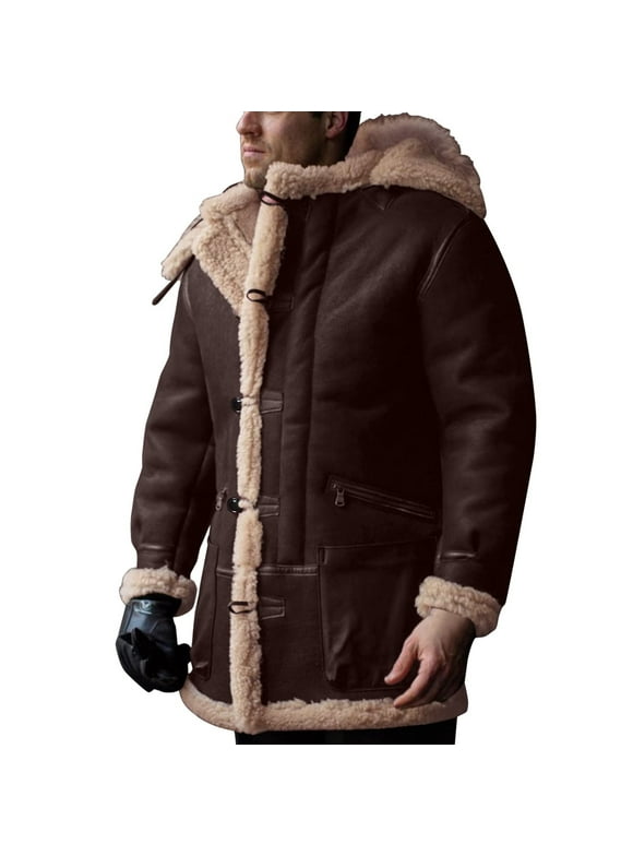 Plus Size Mens Winter Sherpa Fleece Lined Coats Jackets Vintage Motorcycle Faux Leather Long Sleeve Button Down Lapel Collar Bomber Jackets Outwear Coffee L