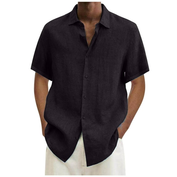 ZCFZJW Plus Size Summer Cotton Linen Shirts for Men Big and Tall Regular Fit Casual Lightweight Solid Color Short Sleeve Button Down T-Shirts Tops Black XXL