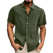 ZCFZJW Plus Size Summer Cotton Linen Shirts for Men Big and Tall Regular Fit Casual Lightweight Solid Color Short Sleeve Button Down T-Shirts Tops New-Army Green XXL
