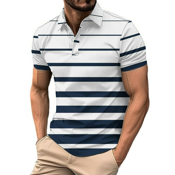 ZCFZJW Polo Shirts for Men Big and Tall Regular Fit Summer Short Sleeve Lightweight Performance Golf Shirt Mesh Summer Casual Striped T-Shirt Tops Navy M