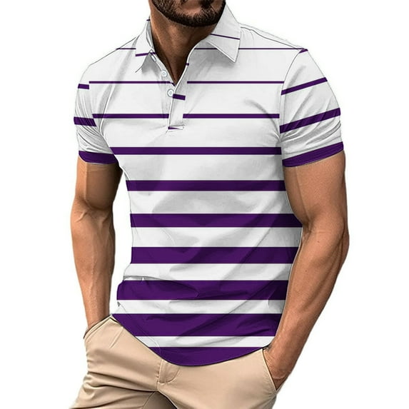 ZCFZJW Polo Shirts for Men Big and Tall Regular Fit Summer Short Sleeve Lightweight Performance Golf Shirt Mesh Summer Casual Striped T-Shirt Tops Purple M