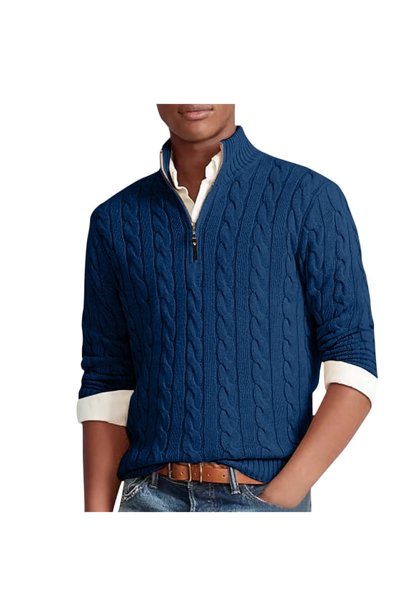 Polo Sweaters for Men Regular Fit Casual Fall Winter Long Sleeve Half Zip up Pullover Sweater Tops Trendy Twist Cable Knit Jumpers Blue L